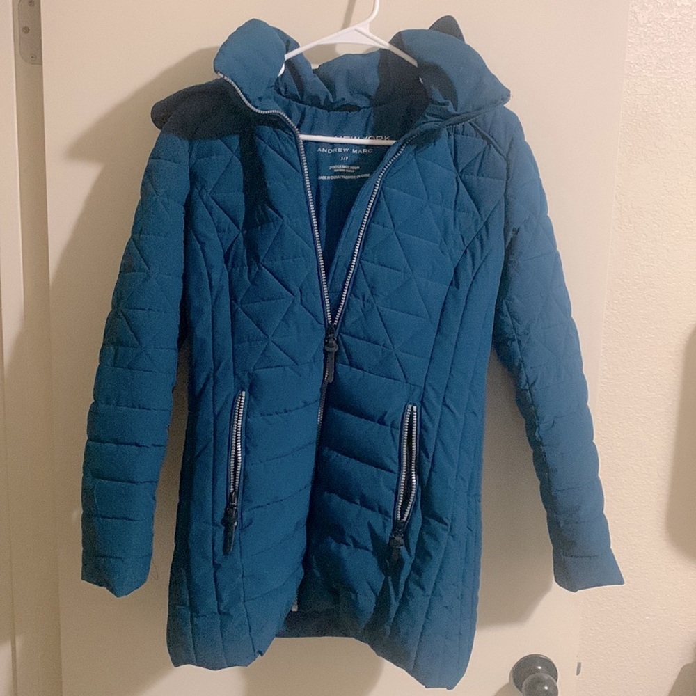 Marc New York by Andrew Marc Womens Parka Size SMALL. Teal Colored. Brown fur.